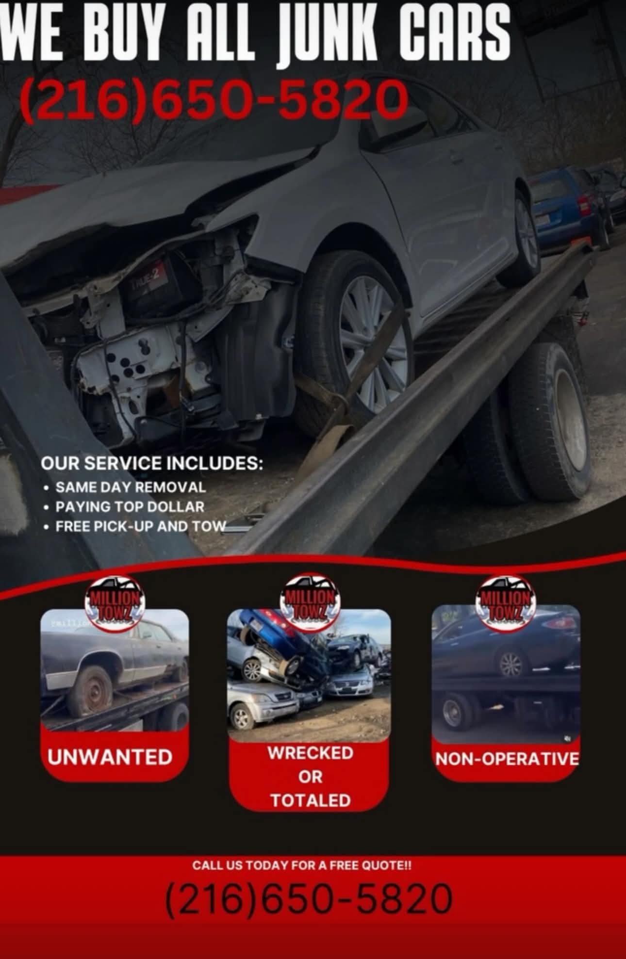 Millions Tows promotional flyer showing junk car towing services in Cleveland Ohio with phone number 216-650-5820