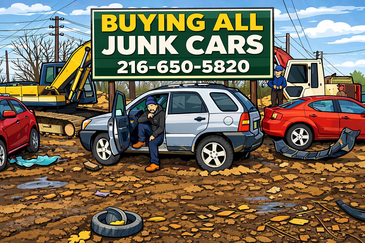 Illustrated junk car lot with Buying All Junk Cars sign and phone number for Millions Tows Cleveland